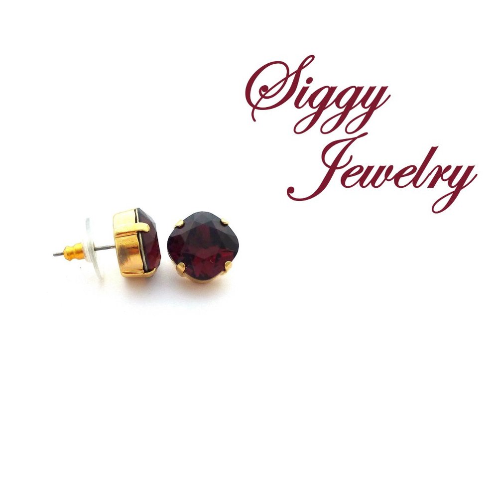Swarovski Burgundy Cushion Cut Stud Earrings, 12mm - Picture 3 of 8